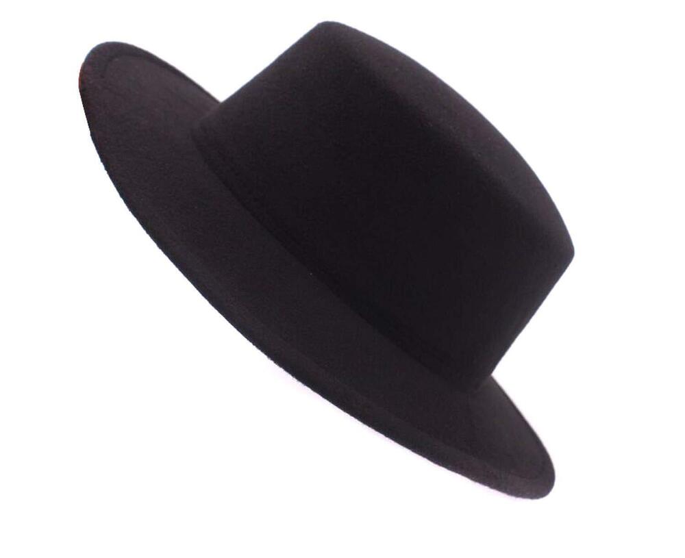 6245 Fashion Classic Black Wool Blend Fedora Hat Brim Flat Church Derby Cap